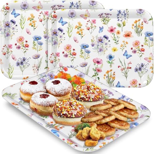 3 Pcs Wildflower Serving Trays 13 x 10 Inch Colorful Floral Melamine Platters Reusable Rectangular Serving
