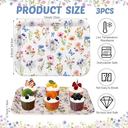 3 Pcs Wildflower Serving Trays 13 x 10 Inch Colorful Floral Melamine Platters Reusable Rectangular Serving, alternate view 3