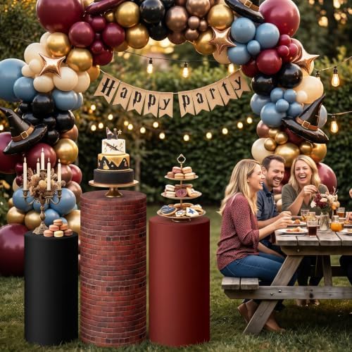 3 Pcs Wizard Brick Wall Cylinder Cover Set, Spandex Pedestal Plinth Stand Covers for Magic Birthday Party, alternate view 2
