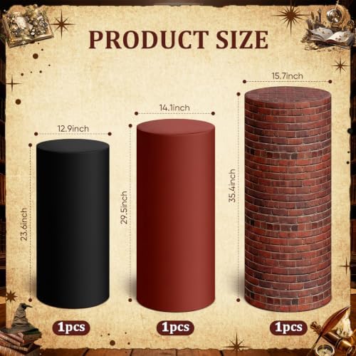3 Pcs Wizard Brick Wall Cylinder Cover Set, Spandex Pedestal Plinth Stand Covers for Magic Birthday Party, alternate view 3