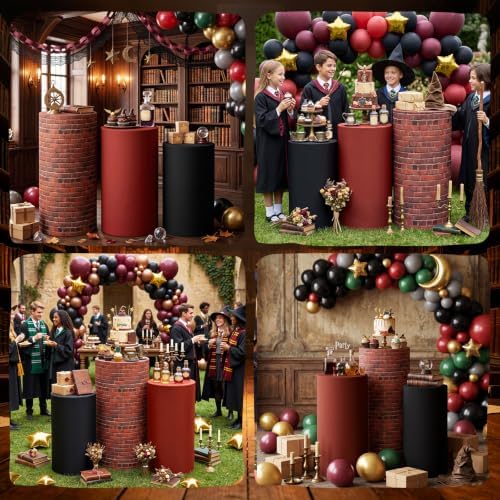 3 Pcs Wizard Brick Wall Cylinder Cover Set, Spandex Pedestal Plinth Stand Covers for Magic Birthday Party, alternate view 7