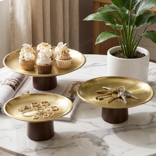 3 Pcs Wood Base Stainless Cake Stand Set (7"/8"/9") in gold, alternate view 2