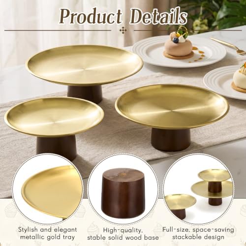3 Pcs Wood Base Stainless Cake Stand Set (7"/8"/9") in gold, alternate view 4