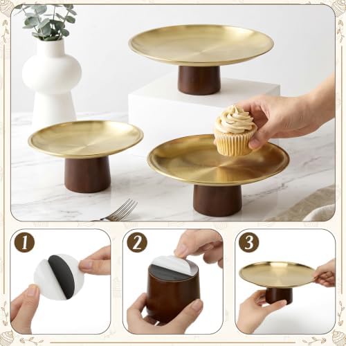 3 Pcs Wood Base Stainless Cake Stand Set (7"/8"/9") in gold, alternate view 5
