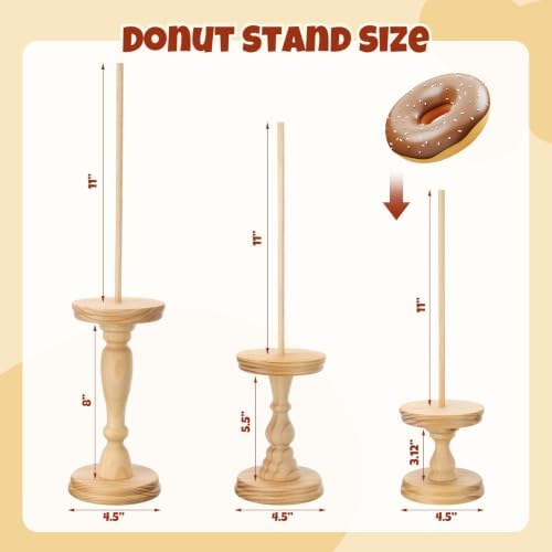 3 Pcs Wooden Donut Stand for Dessert Table 19.5"/17"/14.6" Farmhouse Unfinished Wood Donut Holder Display, alternate view 3