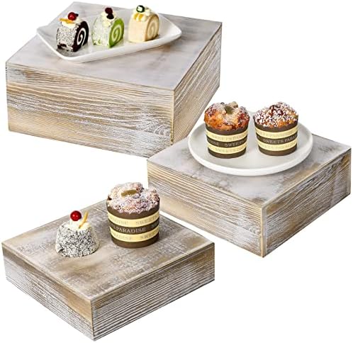 3 Pcs Wooden Risers for Display Square Cake Stand in Whitewashed