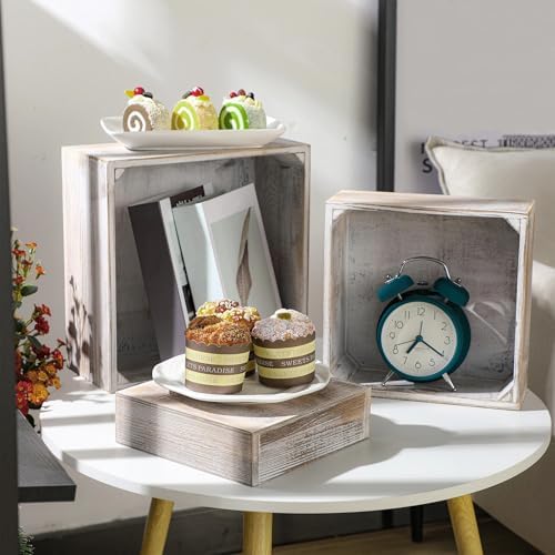 3 Pcs Wooden Risers for Display Square Cake Stand in Whitewashed, alternate view 2