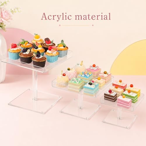 3 Piece Acrylic Cupcake Stand, Acrylic Dessert Table Display Set Clear Square Serving Trays Buffet Risers for, alternate view