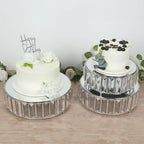 3-Piece Crystal Pendant Silver Metal Cake Stands, Stackable Round Dessert Display Trays with Mirror Top - 9"