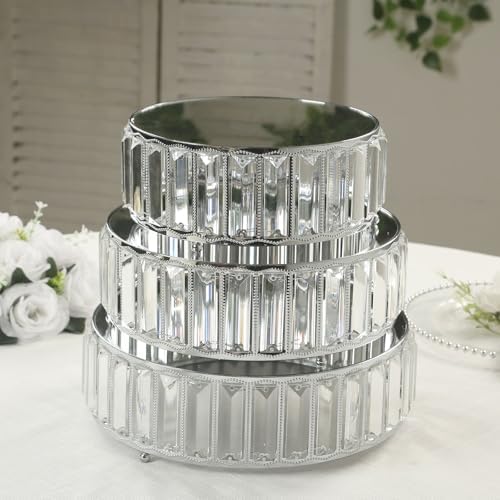 3-Piece Crystal Pendant Silver Metal Cake Stands, Stackable Round Dessert Display Trays with Mirror Top - 9", alternate view
