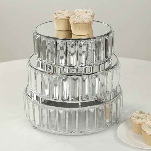 3-Piece Crystal Pendant Silver Metal Cake Stands, Stackable Round Dessert Display Trays with Mirror Top - 9", alternate view
