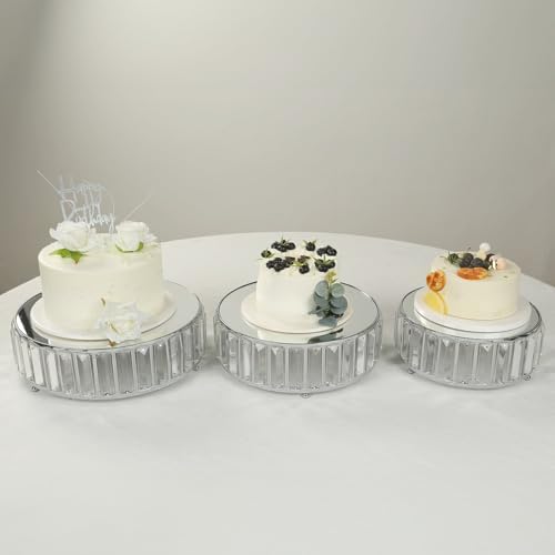 3-Piece Crystal Pendant Silver Metal Cake Stands, Stackable Round Dessert Display Trays with Mirror Top - 9", alternate view