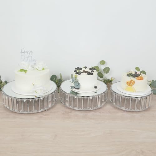 3-Piece Crystal Pendant Silver Metal Cake Stands, Stackable Round Dessert Display Trays with Mirror Top - 9", alternate view