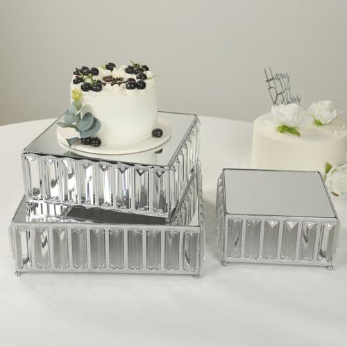 3-Piece Crystal Pendant Square Cake Stand Set, Silver Metal Dessert Display Trays with Mirror Tops - 7", 10"