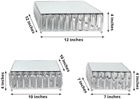3-Piece Crystal Pendant Square Cake Stand Set, Silver Metal Dessert Display Trays with Mirror Tops - 7", 10", alternate view