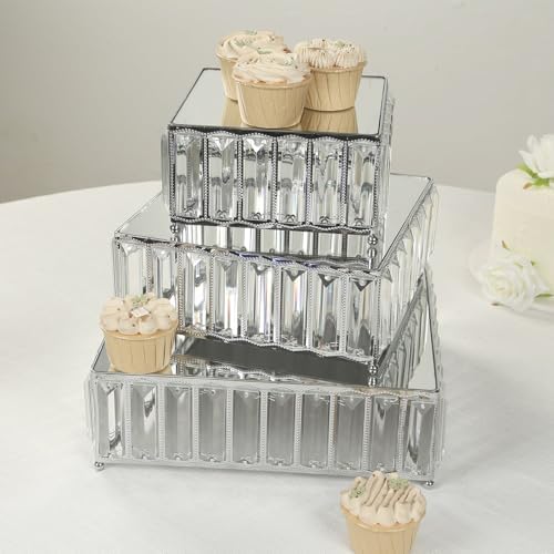 3-Piece Crystal Pendant Square Cake Stand Set, Silver Metal Dessert Display Trays with Mirror Tops - 7", 10", alternate view
