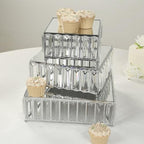 3-Piece Crystal Pendant Square Cake Stand Set, Silver Metal Dessert Display Trays with Mirror Tops - 7", 10", alternate view