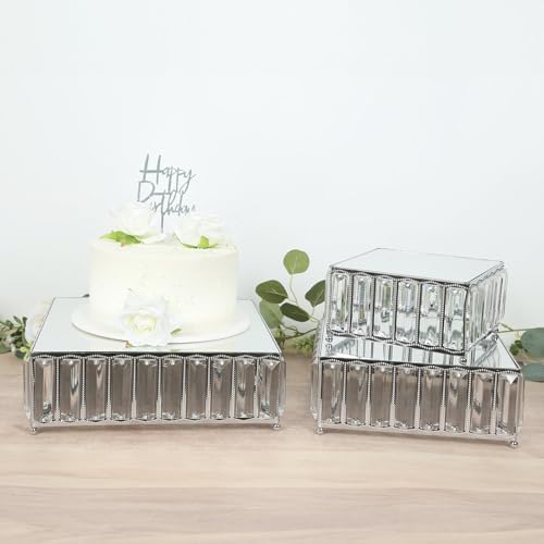 3-Piece Crystal Pendant Square Cake Stand Set, Silver Metal Dessert Display Trays with Mirror Tops - 7", 10", alternate view