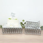 3-Piece Crystal Pendant Square Cake Stand Set, Silver Metal Dessert Display Trays with Mirror Tops - 7", 10", alternate view
