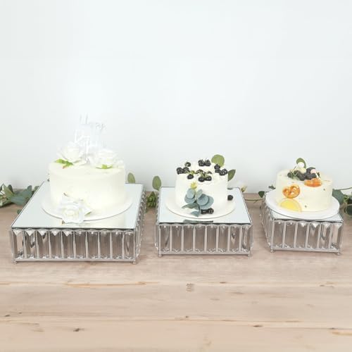 3-Piece Crystal Pendant Square Cake Stand Set, Silver Metal Dessert Display Trays with Mirror Tops - 7", 10", alternate view