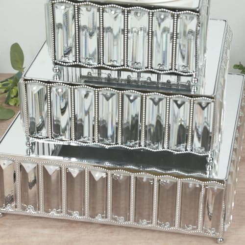 3-Piece Crystal Pendant Square Cake Stand Set, Silver Metal Dessert Display Trays with Mirror Tops - 7", 10", alternate view