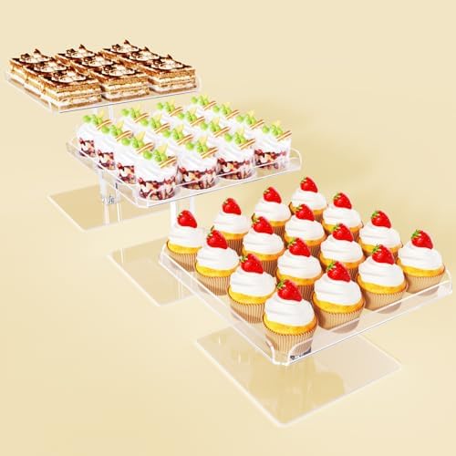 3 Piece Cupcake Stand, Acrylic Dessert Table Display Set, Clear Square Serving Trays for Birthday, Wedding, Baby