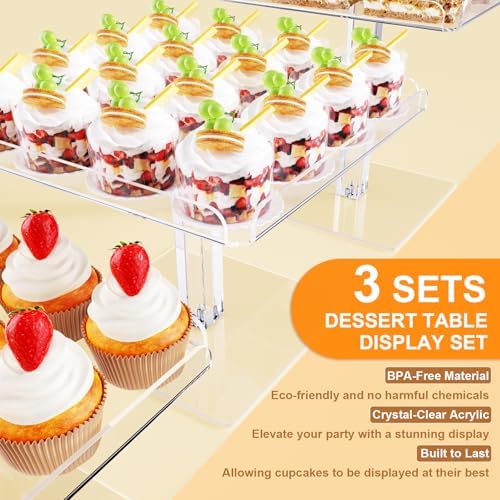 3 Piece Cupcake Stand, Acrylic Dessert Table Display Set, Clear Square Serving Trays for Birthday, Wedding, Baby, alternate