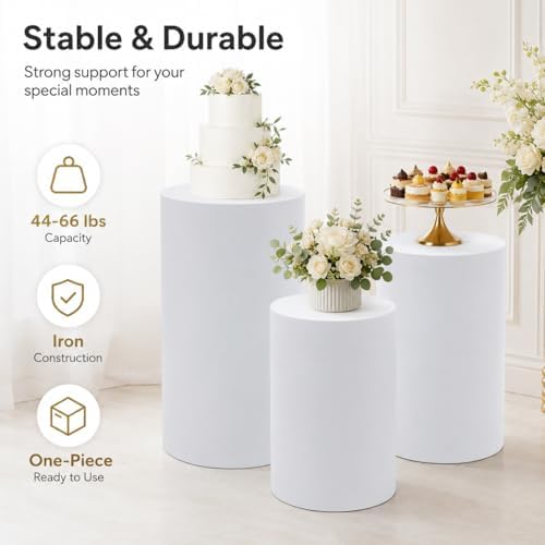 3-Piece Cylinder Pedestal Stand Set White Iron Wedding Decor in White, alternate view 3