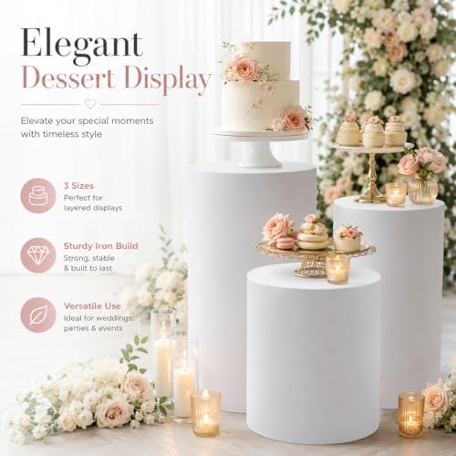 3-Piece Cylinder Pedestal Stand Set White Iron Wedding Decor in White, alternate view 4