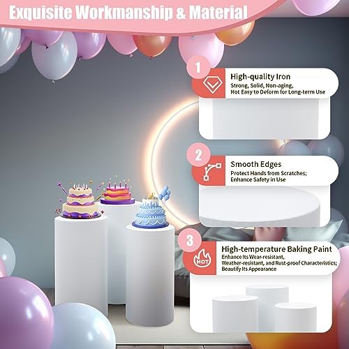 3-Piece Cylindrical Wedding Cake Stand Set, 3 Size White Round Pedestals (20''/22''/24'') for Weddings, alternate view 3