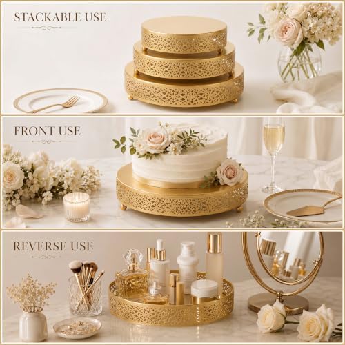 3-Piece Gold Cake Stand Set (8", 10", 12"), Elegant Metal Round Dessert Display Pedestals, Versatile Cupcake, alternate view