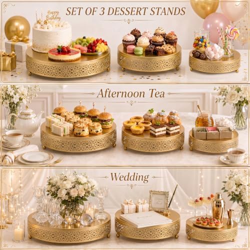 3-Piece Gold Cake Stand Set (8", 10", 12"), Elegant Metal Round Dessert Display Pedestals, Versatile Cupcake, alternate view