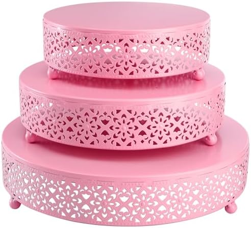 3-Piece Metal Cake Stand Set, Pink Round Cake Stand, Dessert Cupcake Pastry Candy Display Plate for Wedding