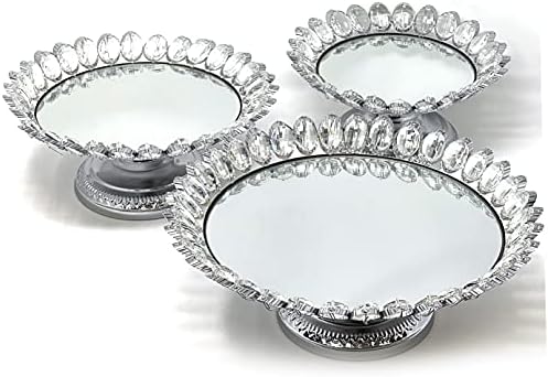 3-Piece Set Crystal Silver Plated Cheese Dessert Cupcake Cake Stand with Mirror Plate-Silver Lotus-HD89208 in