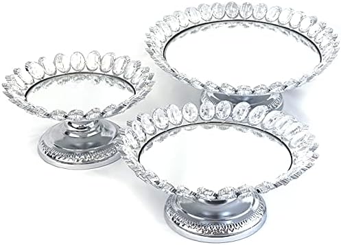 3-Piece Set Crystal Silver Plated Cheese Dessert Cupcake Cake Stand with Mirror Plate-Silver Lotus-HD89208 in, alternate view