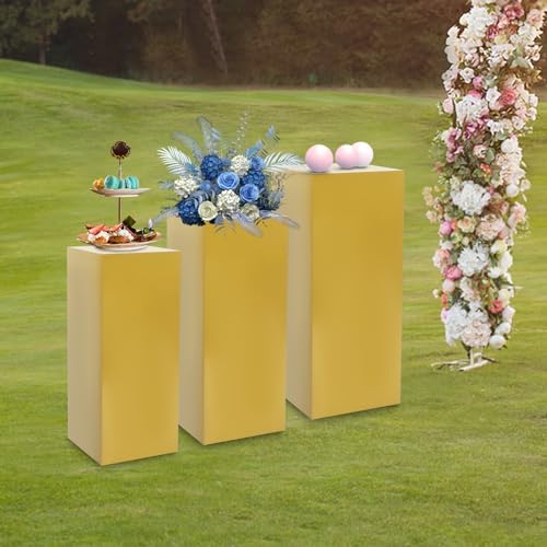 3-Piece Square Metal Pedestal Set, Gold Multi-Height Display Columns for Weddings, Art Exhibitions & Retail, alternate view 6