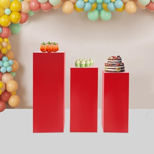 3-Piece Square Metal Pedestal Set, Red Multi-Height Display Columns for Weddings, Art Exhibitions & Retail, alternate view 4