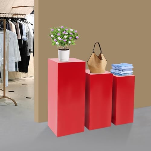 3-Piece Square Metal Pedestal Set, Red Multi-Height Display Columns for Weddings, Art Exhibitions & Retail, alternate view 5