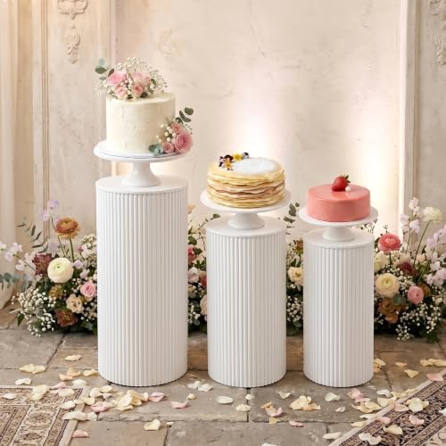 3 Pieces White Metal Pleated Cylinder Pedestal Stands in White, alternate view 2