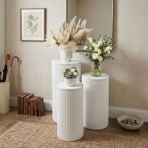 3 Pieces White Metal Pleated Cylinder Pedestal Stands in White, alternate view 4