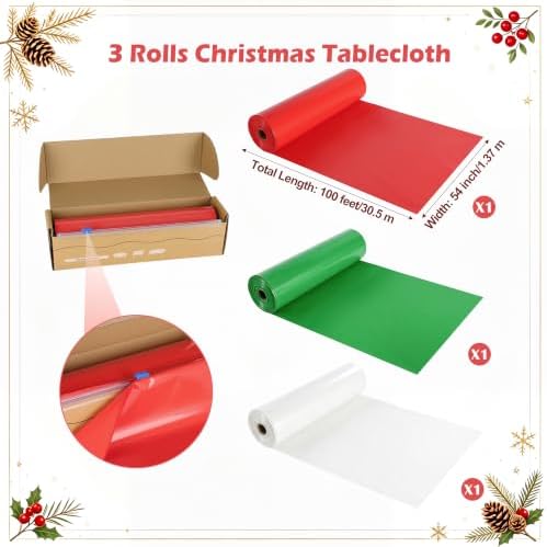 3 Roll 100FT x 54IN Christmas Plastic Tablecloth Roll with Slide Cutter Box, alternate view 7