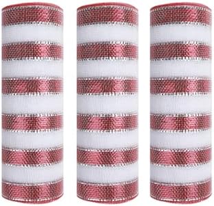 3 Roll Red White Stripe Deco Mesh Ribbon for Wreath Making Supplies