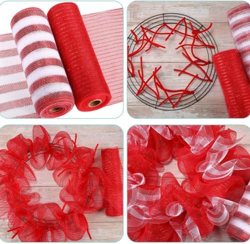3 Roll Red White Stripe Deco Mesh Ribbon for Wreath Making Supplies, alternate view 6