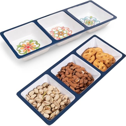 3-Section Divided Serving Trays, Talavera 14.75”x 6” Unbreakable Melamine Serving Platter for Serving Food, 3