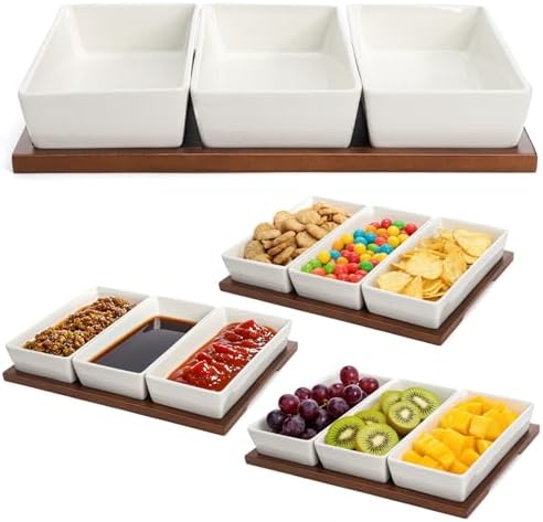 3-Section Serving Tray, Wood Divided Serving Dish with Ceramic Bowls, 3-Compartment Food Platter Dipping Tray
