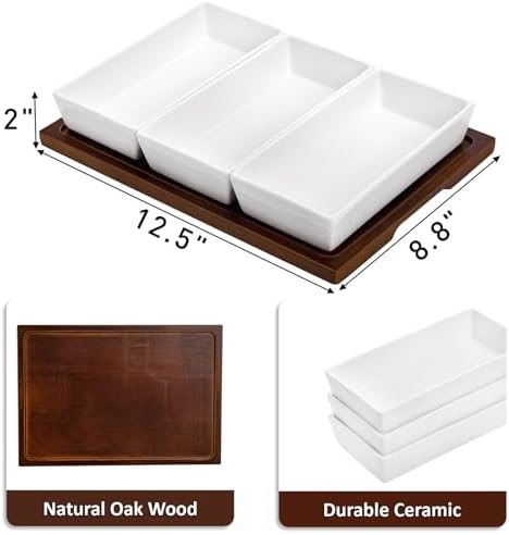 3-Section Serving Tray, Wood Divided Serving Dish with Ceramic Bowls, 3-Compartment Food Platter Dipping Tray, alternate view