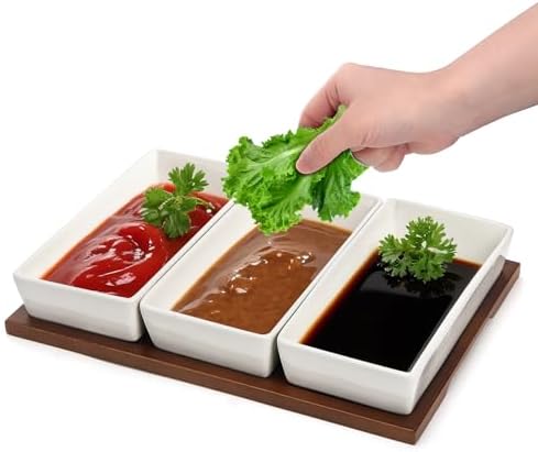 3-Section Serving Tray, Wood Divided Serving Dish with Ceramic Bowls, 3-Compartment Food Platter Dipping Tray, alternate view