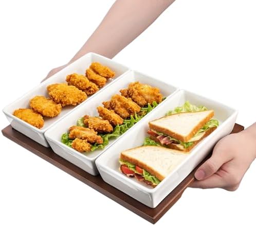 3-Section Serving Tray, Wood Divided Serving Dish with Ceramic Bowls, 3-Compartment Food Platter Dipping Tray, alternate view