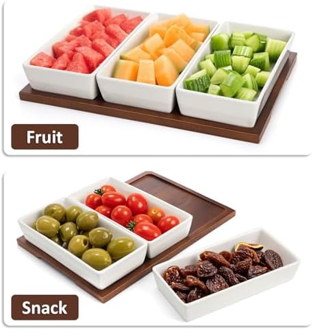 3-Section Serving Tray, Wood Divided Serving Dish with Ceramic Bowls, 3-Compartment Food Platter Dipping Tray, alternate view