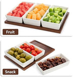 3-Section Serving Tray, Wood Divided Serving Dish with Ceramic Bowls, 3-Compartment Food Platter Dipping Tray, alternate view